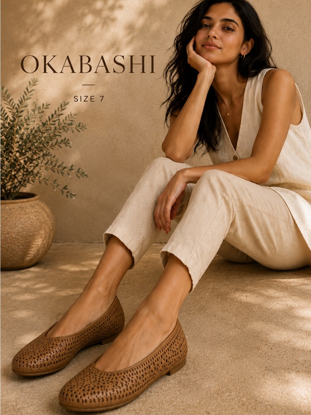 Okabashi Neutral Beige Cropped Jumpsuit with Brown Perforated Flats